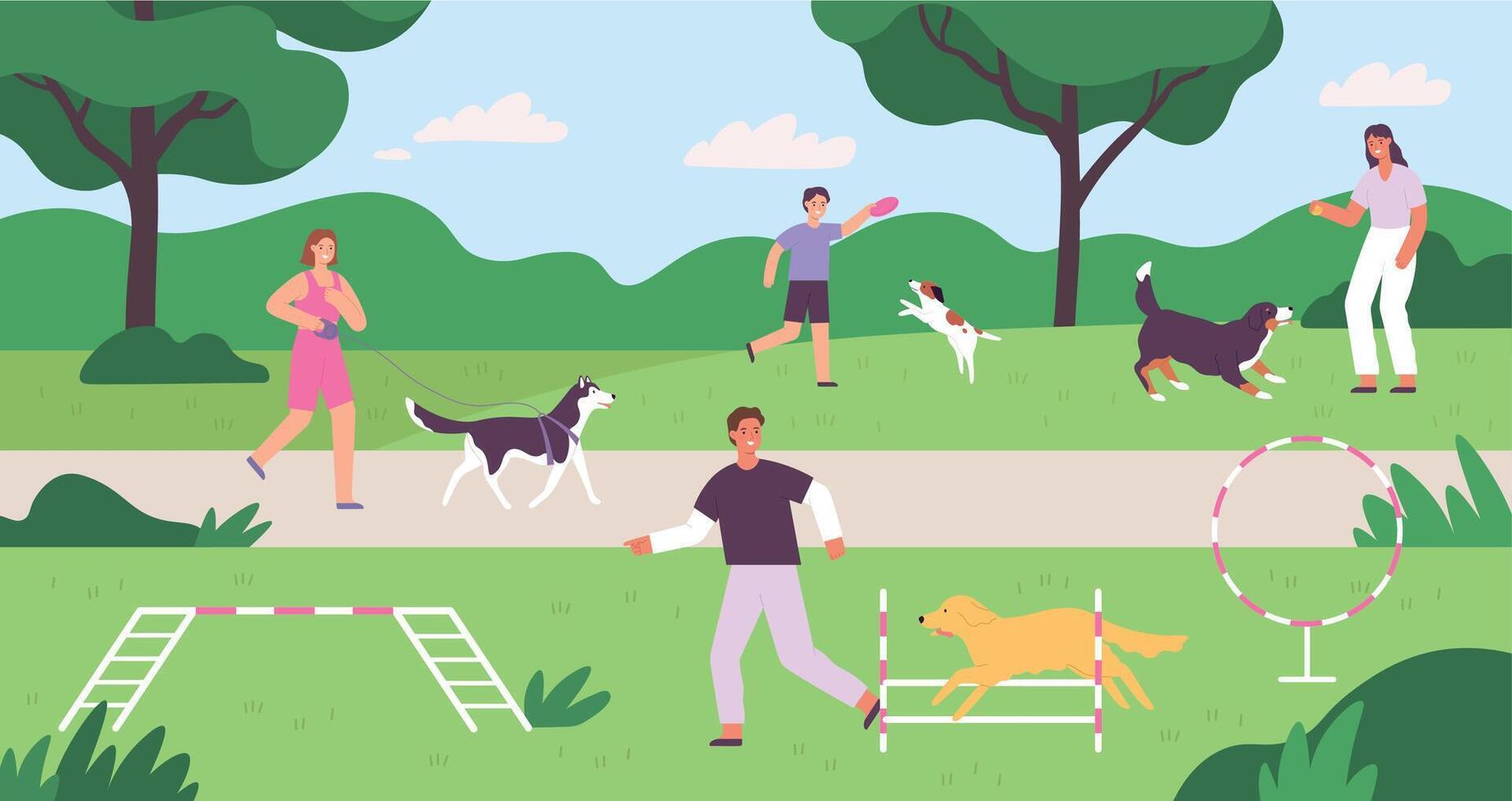 cachorro parque com pessoas jogando, Treinamento e caminhando animais de estimação. plano os Proprietários e cachorros lado de fora atividade. doméstico animais Parque infantil vetor conceito