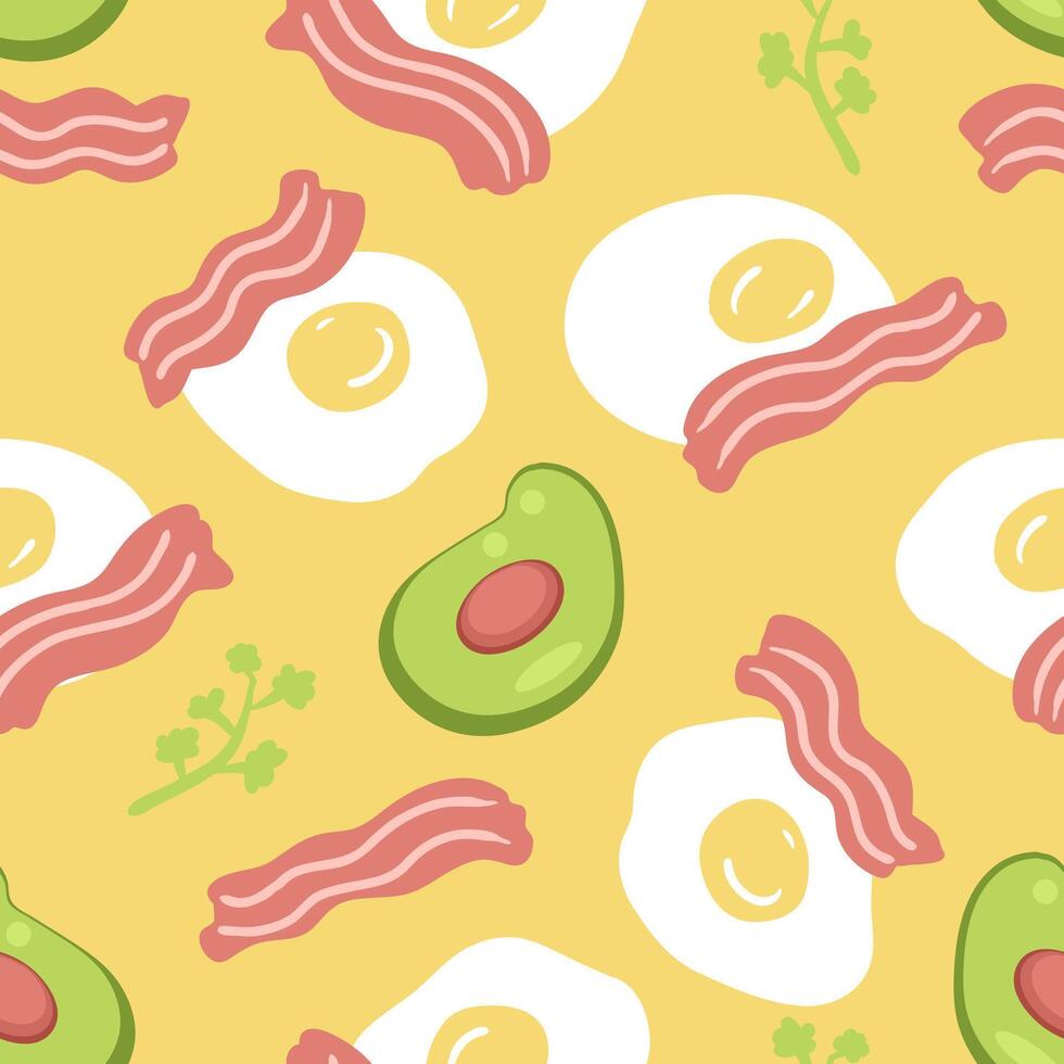 perfeito prato do proteína abacate, bacon e ovos desatado padronizar. mão desenhado impressão para papel, tecido, têxtil. Comida fundo vetor ilustração.