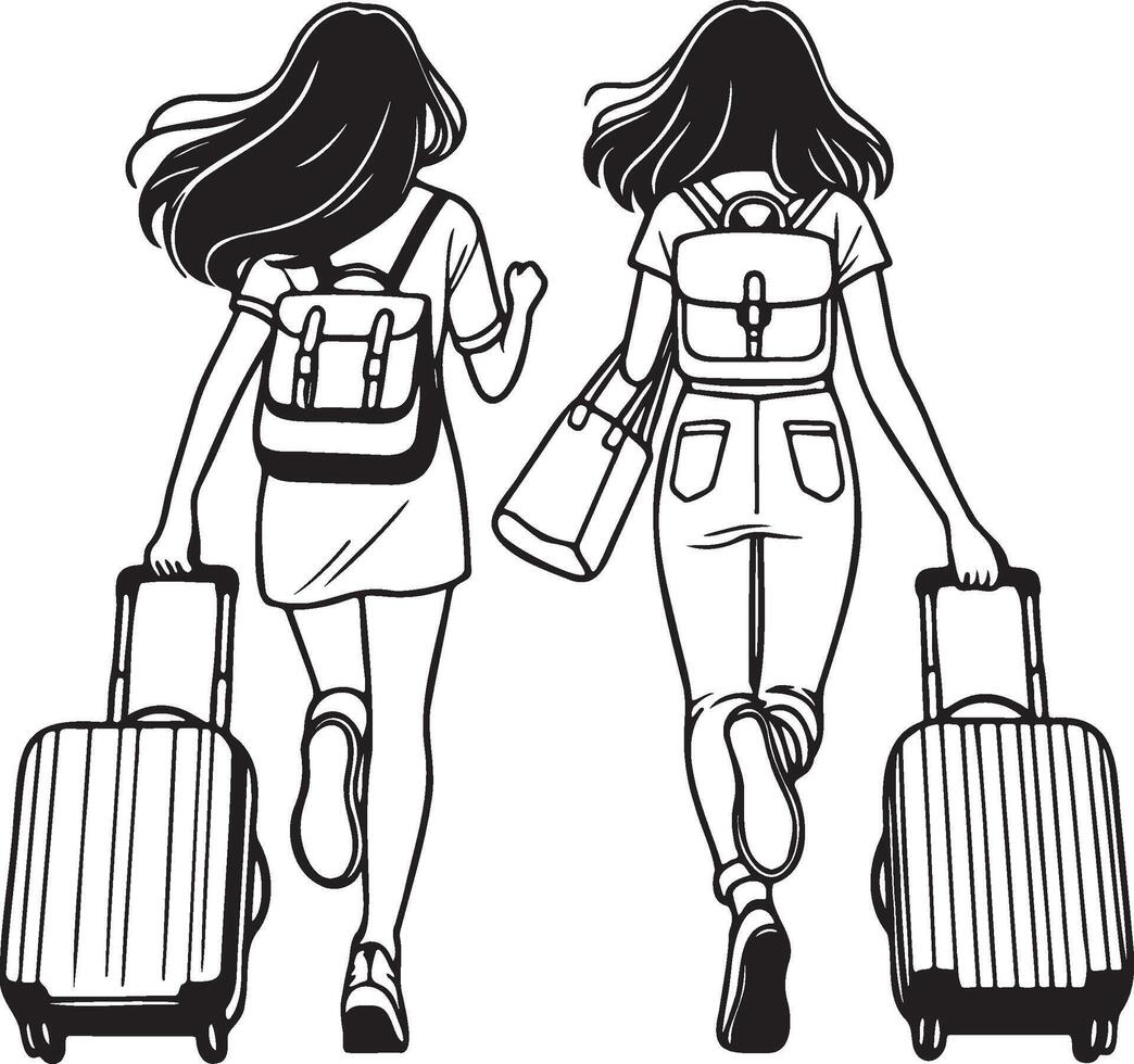 dois meninas viajando com bagagem. vetor