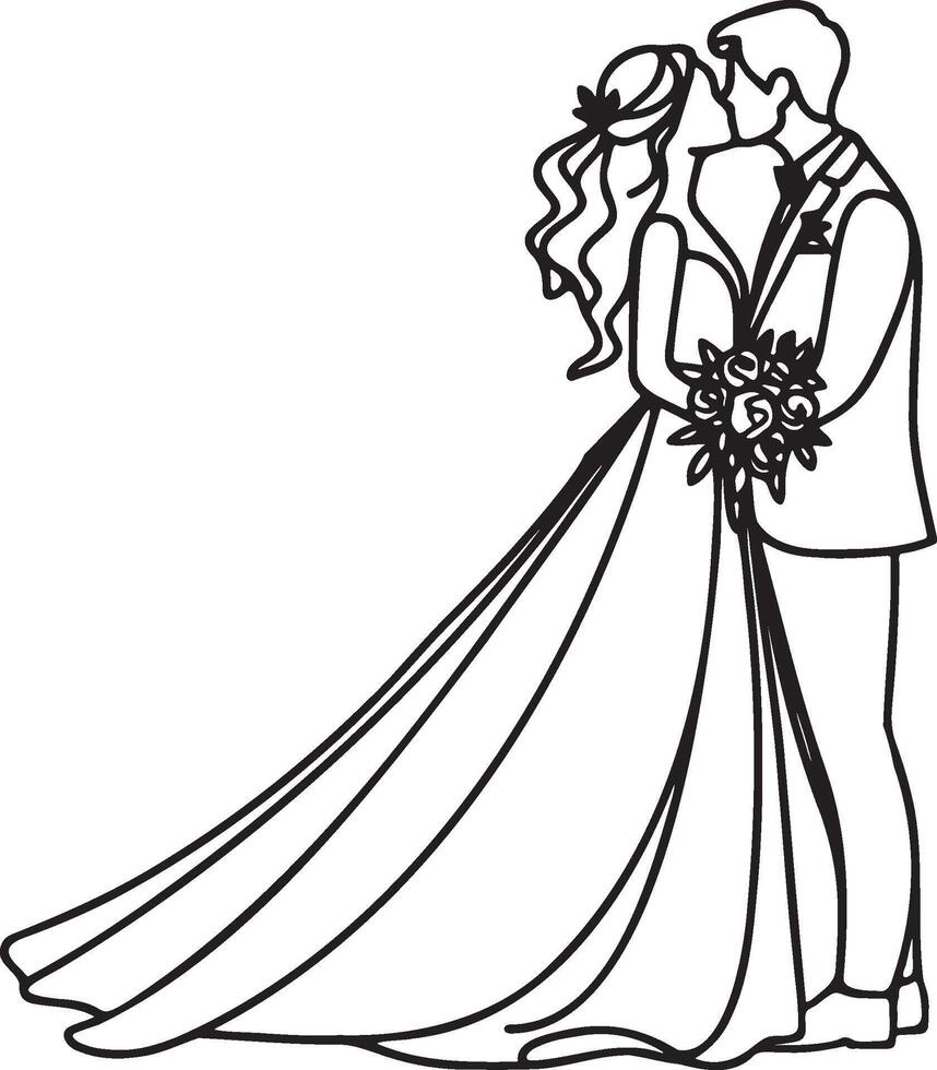 noivo e noiva Casamento linha desenho. vetor