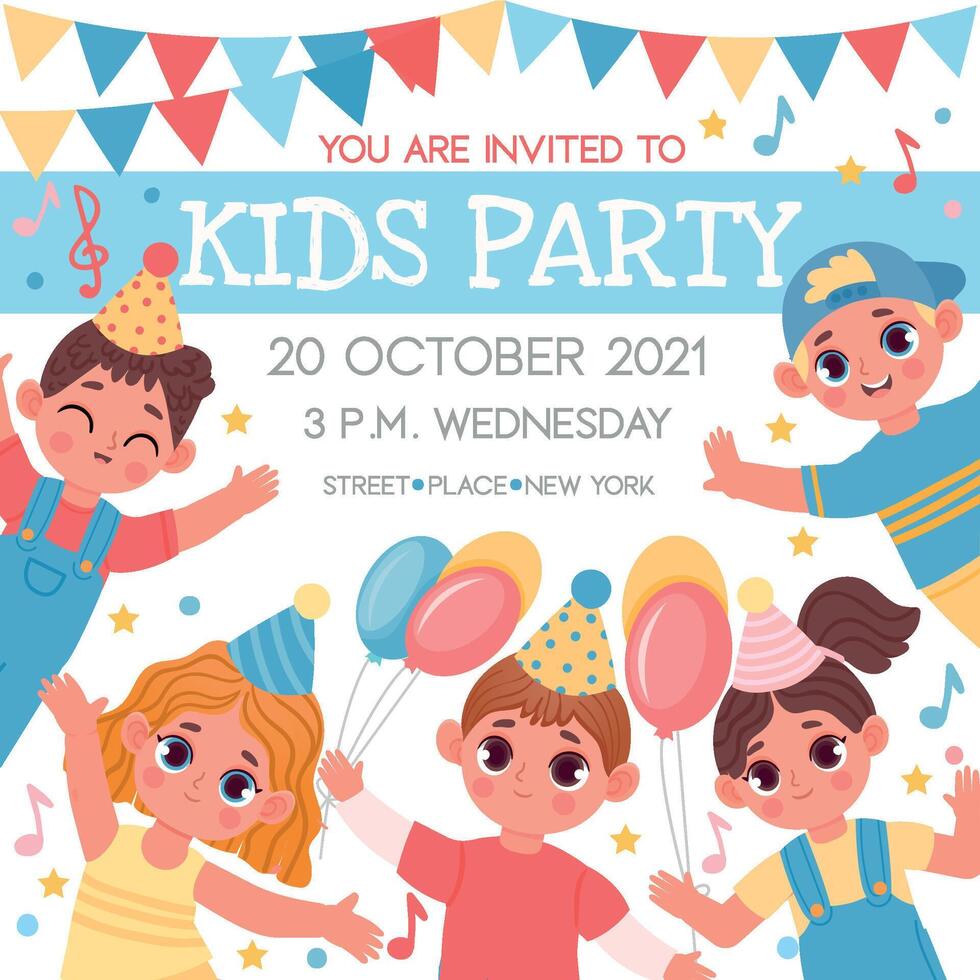convite poster para aniversário ou crianças festa com desenho animado personagens. escola ou Jardim da infância evento com feliz Rapazes e meninas vetor modelo