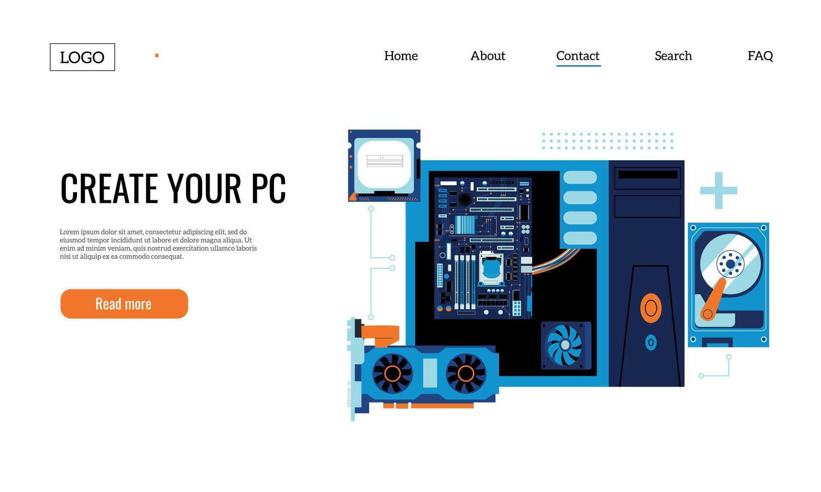 jogos pc montagem pousar. pessoal computador componentes rede página modelo com elétrico partes e acessórios. vetor local na rede Internet