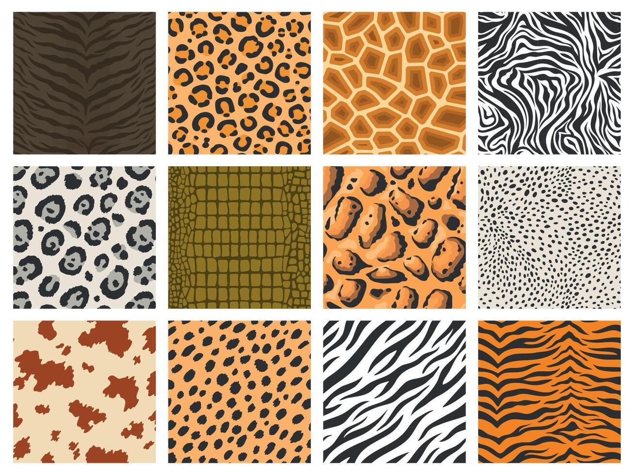 animal padronizar. tigre leopardo zebra pele textura coleção, réptil e mamífero camuflar impressão, animal pele padronizar. vetor safári fundo