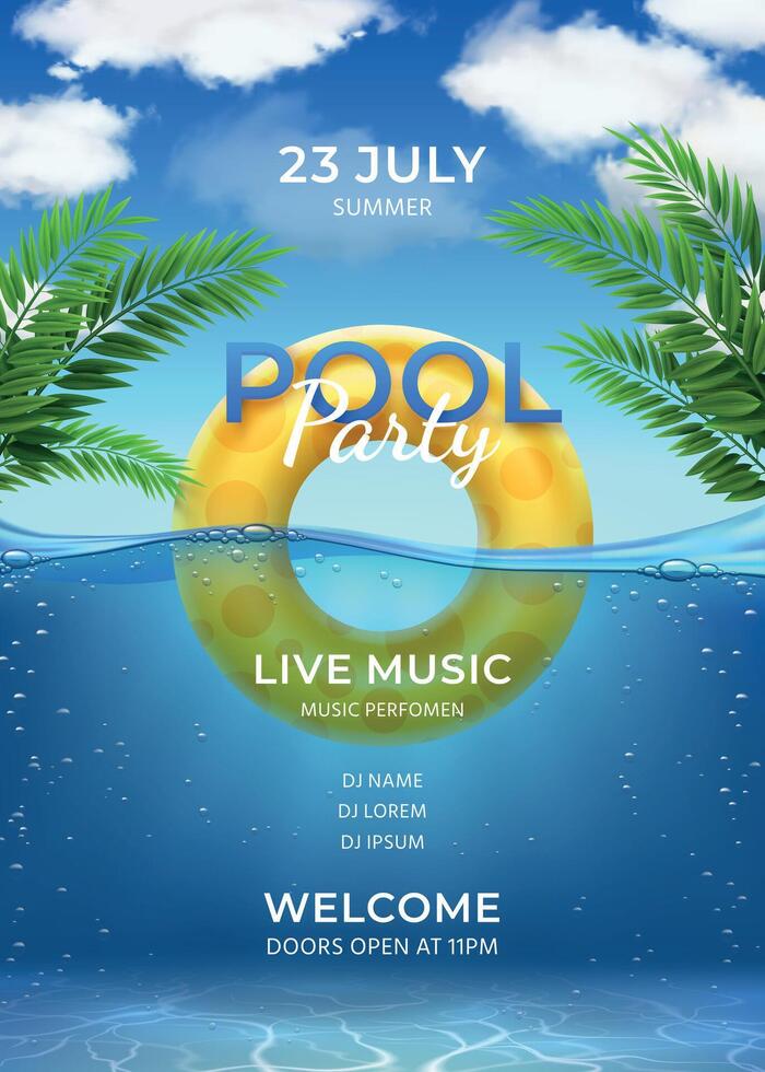 piscina Festa. verão natação festa convite modelo com inflável anel, Palma folhas, água e céu com nuvens, realista vetor poster