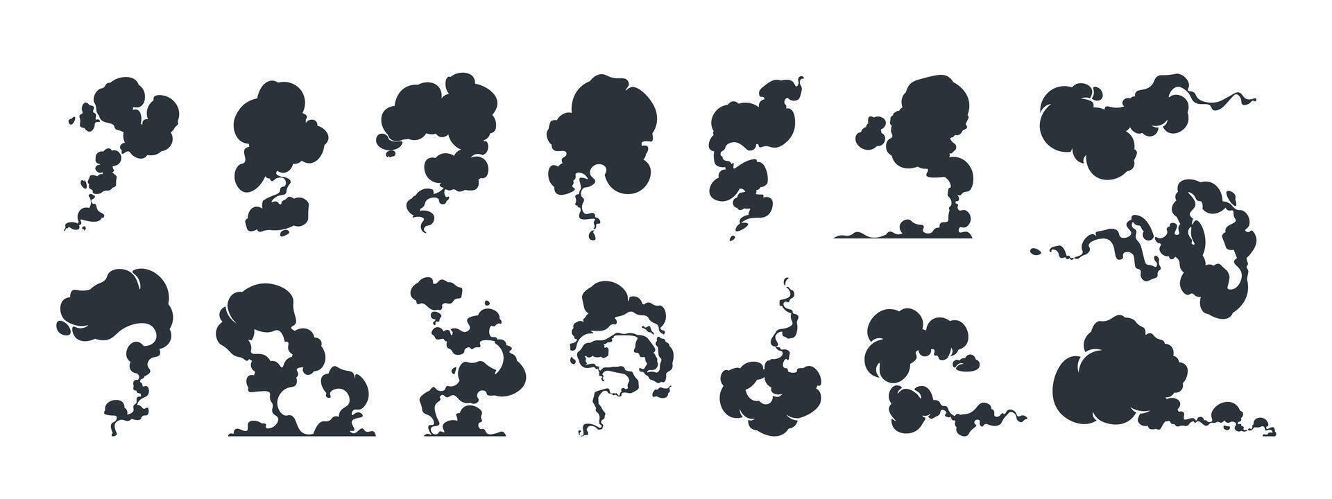 desenho animado fumaça efeito. quadrinho ventoso poeira fluxo, vapor sopro e sopro movimento, golpe silhueta para jogos animação. vetor fumaça movimento de ativos
