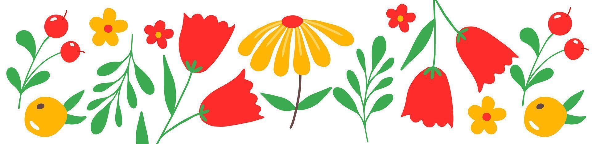 vibrante ilustração do vermelho e amarelo flores com verde folhas e bagas vetor