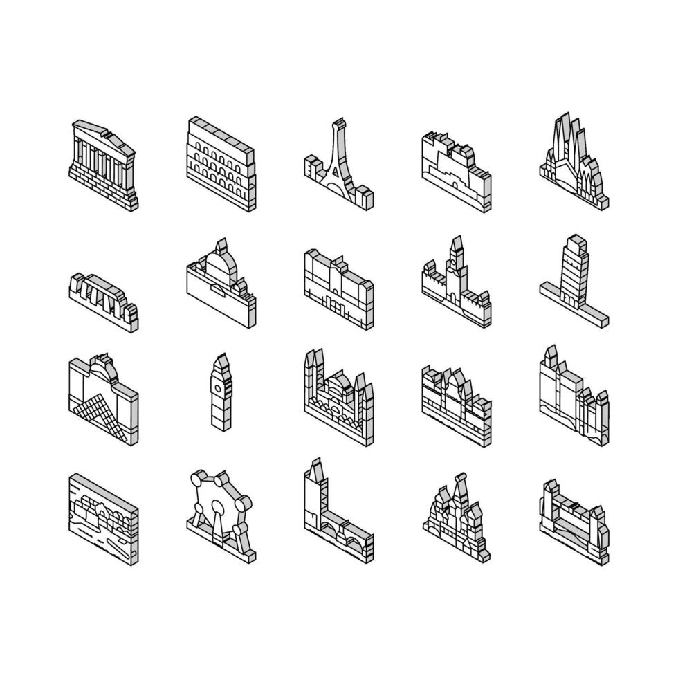 Europa monumento construção isométrico ícones conjunto vetor