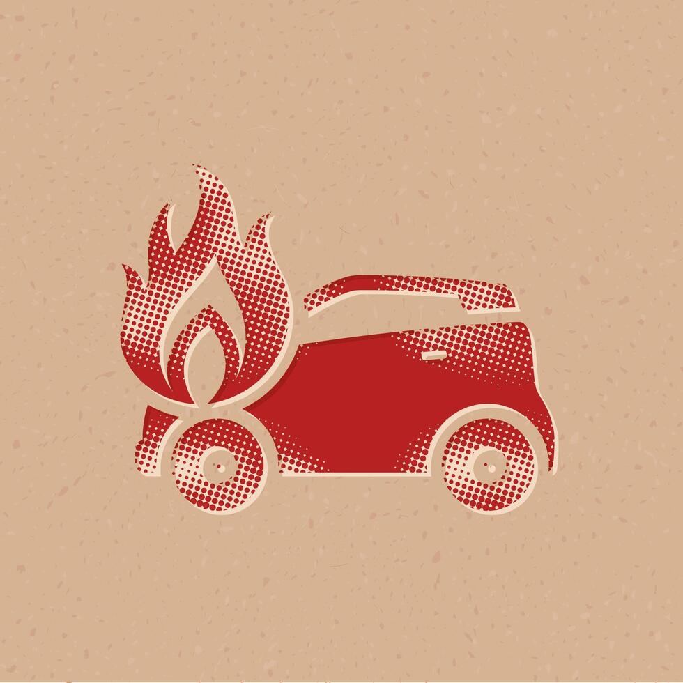 carro em fogo meio-tom estilo ícone com grunge fundo vetor ilustração