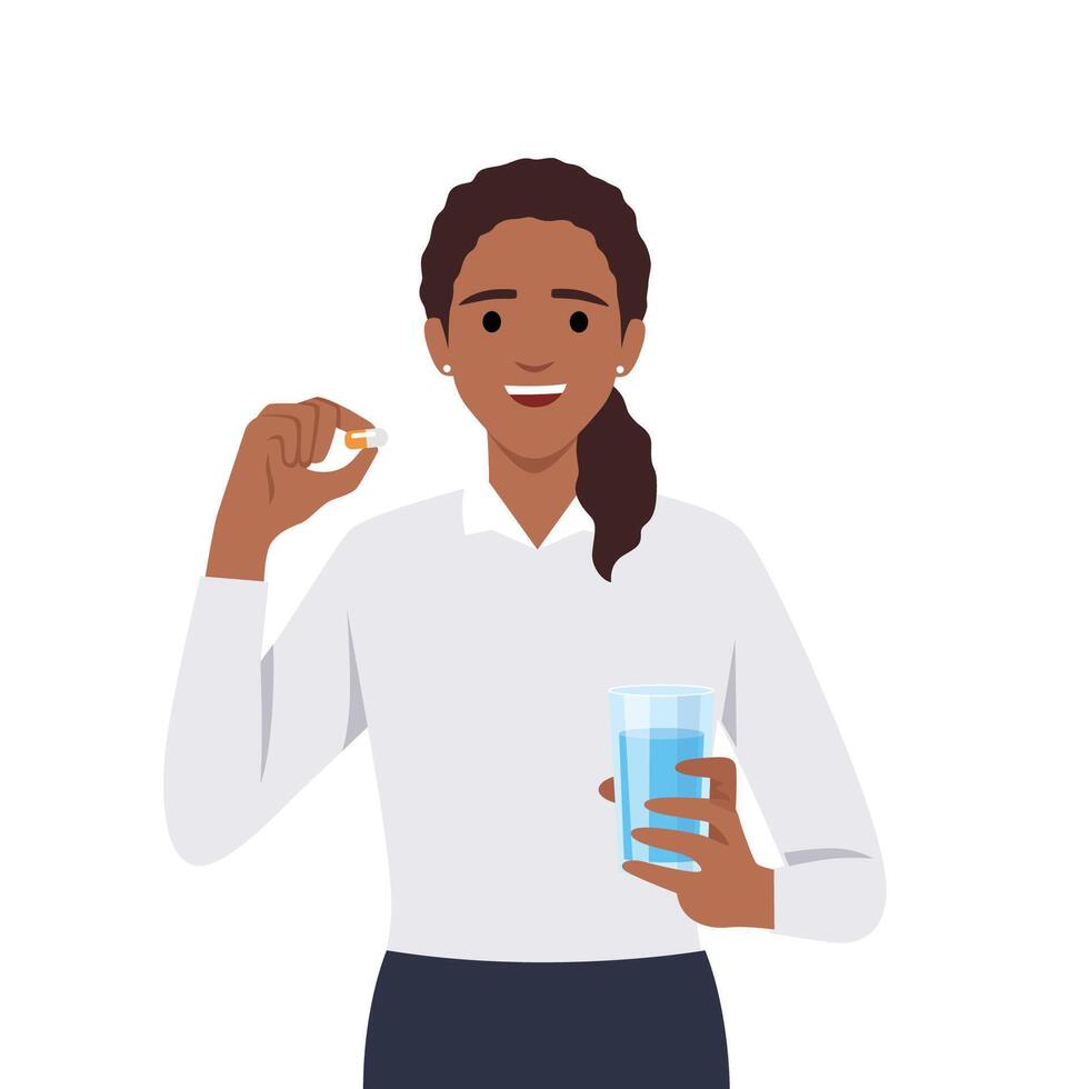 jovem caucasiano mulher levando pílulas. saudável mulher segurando pílulas e vidro do água dentro mãos. vetor