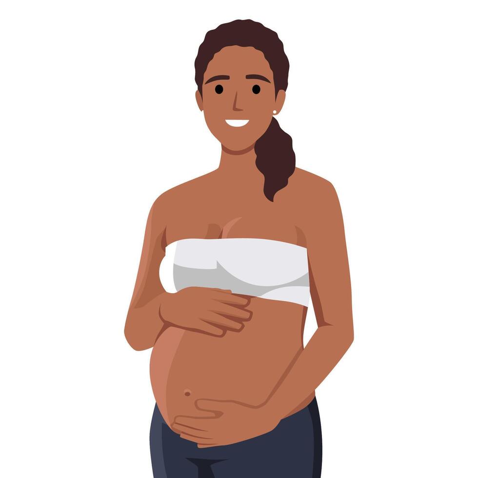 sorridente linda mulher grávida acariciando sua barriga vetor