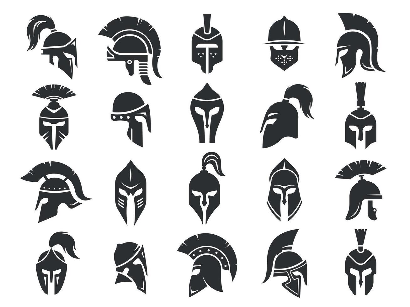 espartano Preto capacetes. antigo romano gladiador chapelaria proteção, monocromático silhuetas do medieval clássico grego soldado guerra equipamento. vetor conjunto