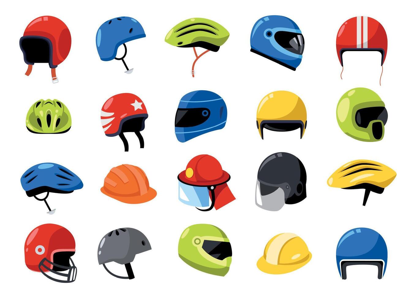 capacete coleção. desenho animado bicicleta motocicleta motorista esporte construção engenheiro trabalhador segurança chapéus, cabeça proteção conceito plano estilo. vetor isolado conjunto