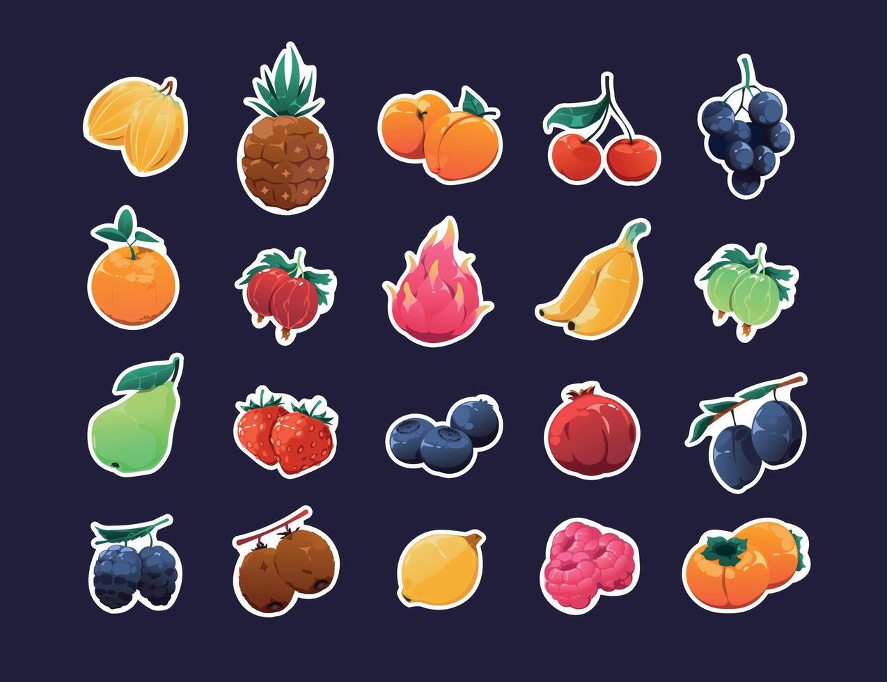 desenho animado fruta adesivos. fresco colorida orgânico frutas gráfico pacote, sprite jogos de ativos do maçã, Damasco morango abacaxi romã framboesa. vetor conjunto