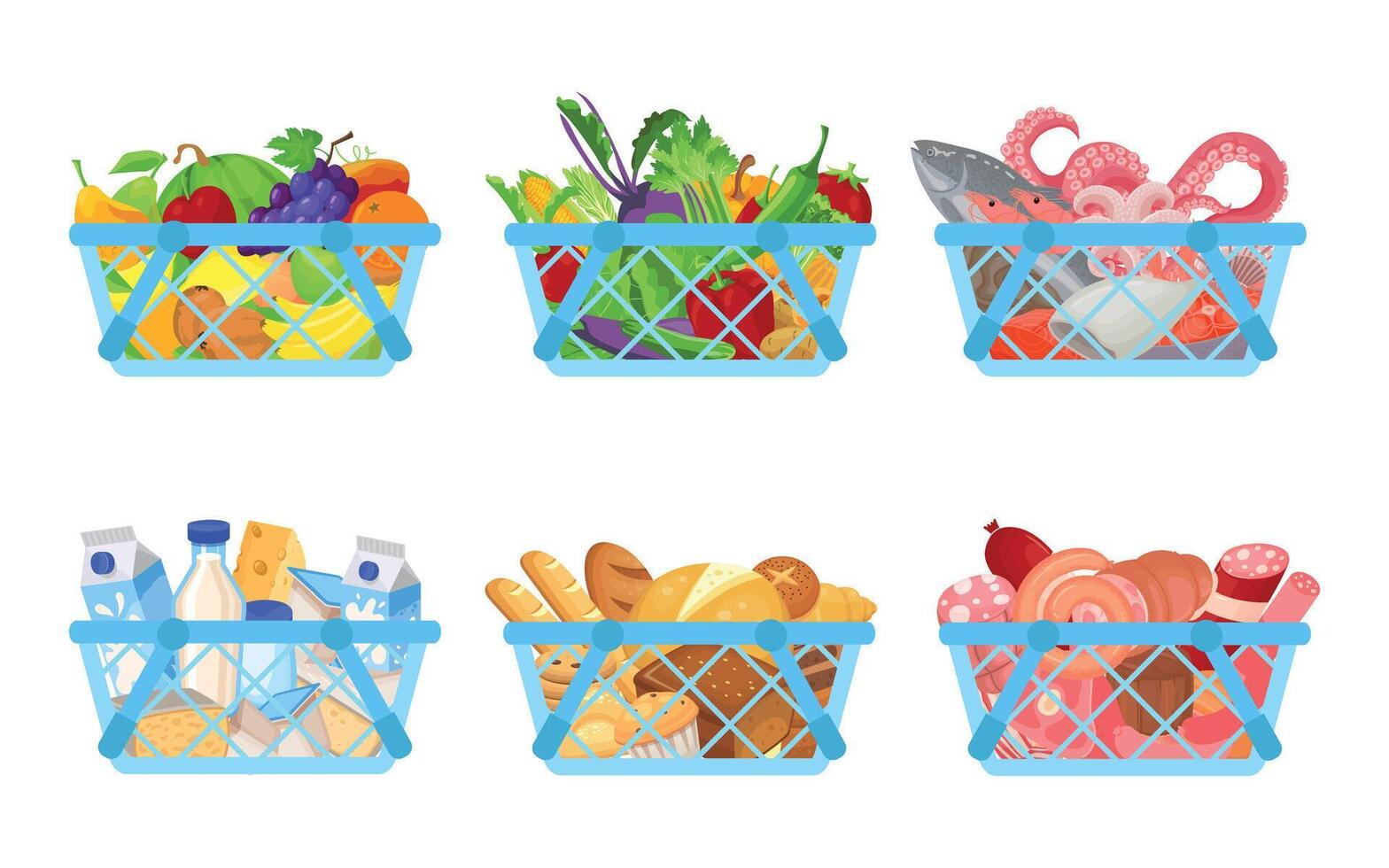 conjunto do compras cestas cheio do produtos Como fruta, vegetais, frutos do mar, diário e padaria produtos, carne vetor