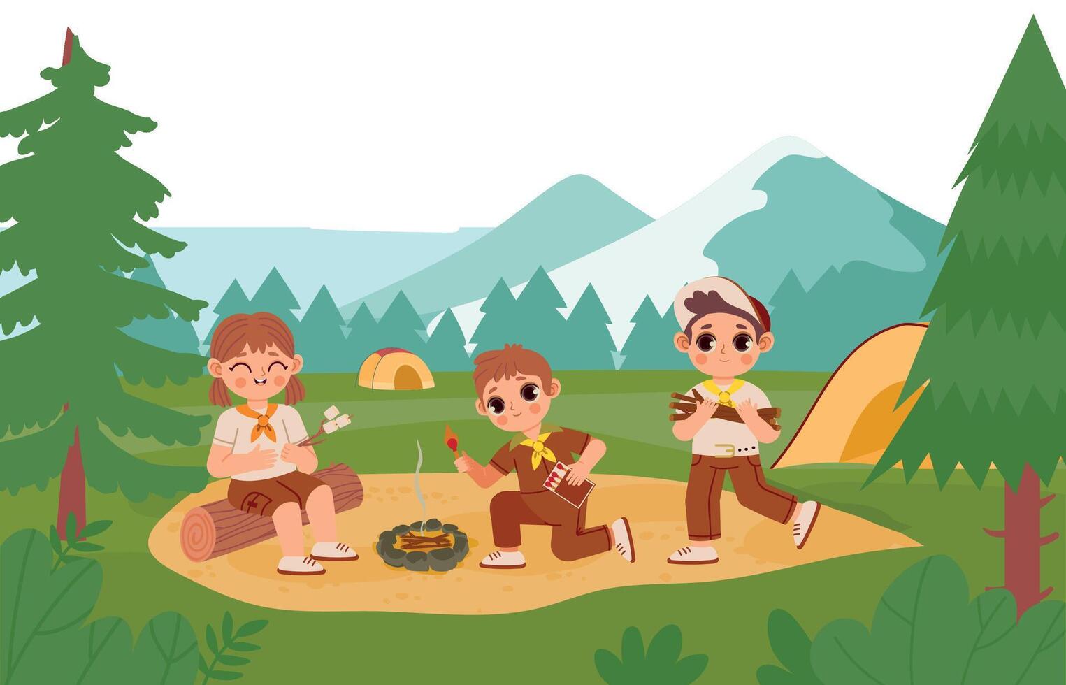 escoteiro crianças de fogueira. crianças dentro uniforme grelhar marshmallows ao ar livre dentro floresta. Garoto carregando lenha e fósforos vetor