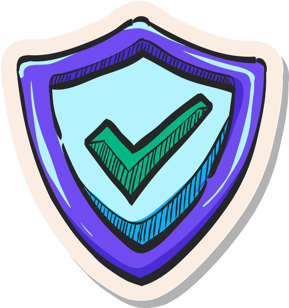 mão desenhado escudo ícone com marca de verificação dentro adesivo estilo vetor ilustração