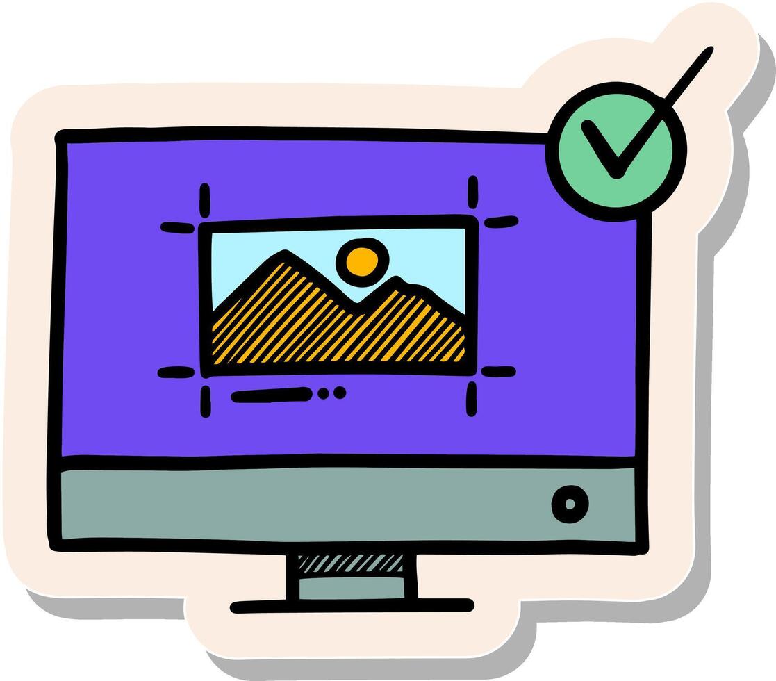 mão desenhado computador e Verifica marca ícone dentro rabisco esboço linhas dentro adesivo estilo vetor ilustração