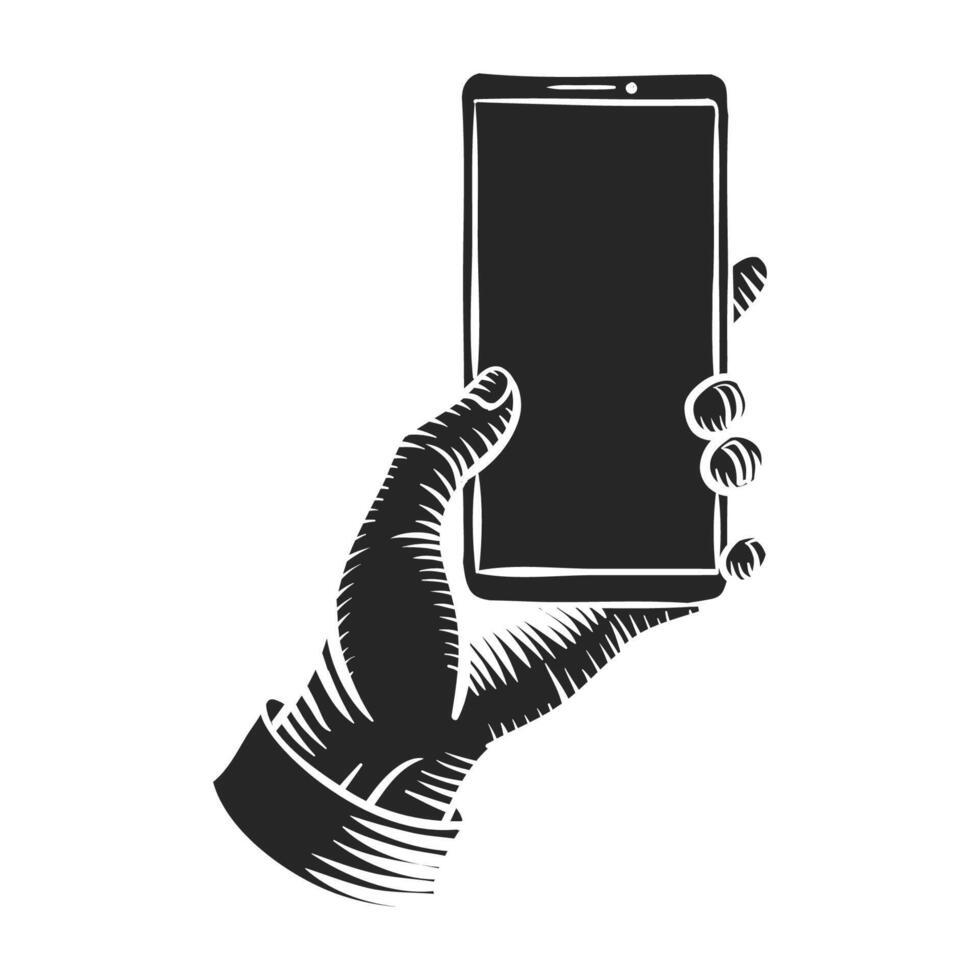 mão desenhado mão segurando inteligente telefone modelo vintage esboço vetor ilustração