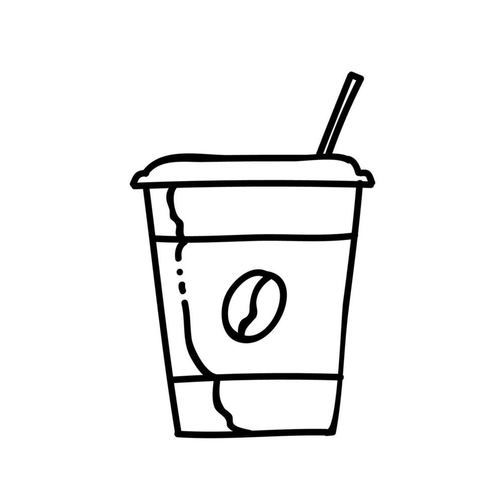 café beber plástico copo com Palha ícone. mão desenhado vetor ilustração. editável linha acidente vascular encefálico