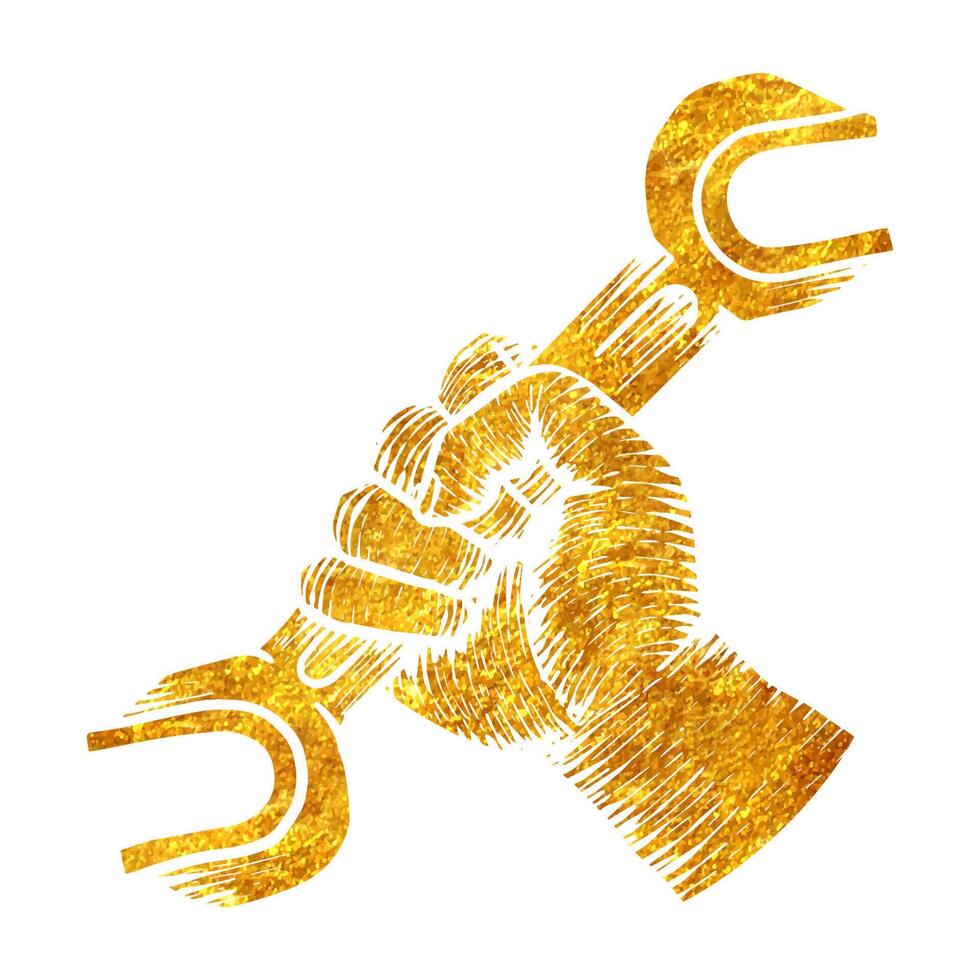 mão desenhado mão segurando chave inglesa chave inglesa madeira gravação dentro ouro frustrar textura vetor ilustração