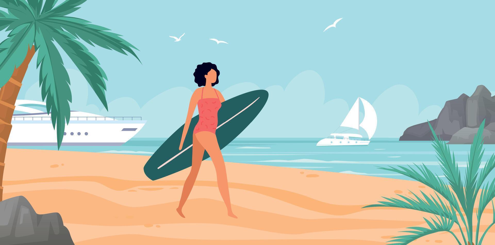 verão mar atividade, menina com prancha de surfe em de praia vetor