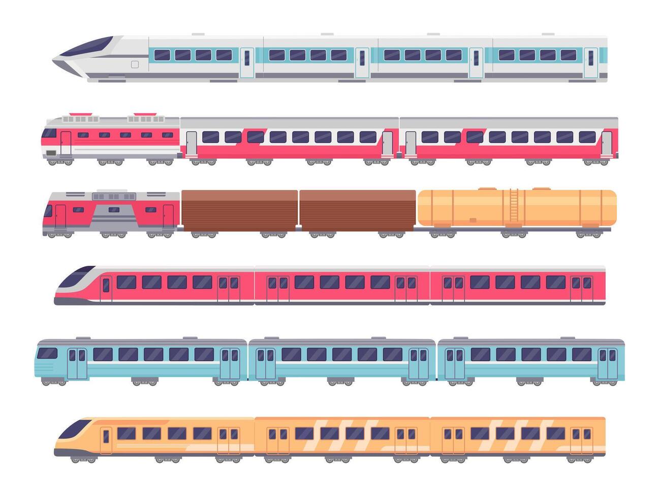 passageiro trens. desenho animado metrô, expressar e carga trem. subterrâneo transporte com vagões. metro locomotiva, estrada de ferro transporte vetor conjunto