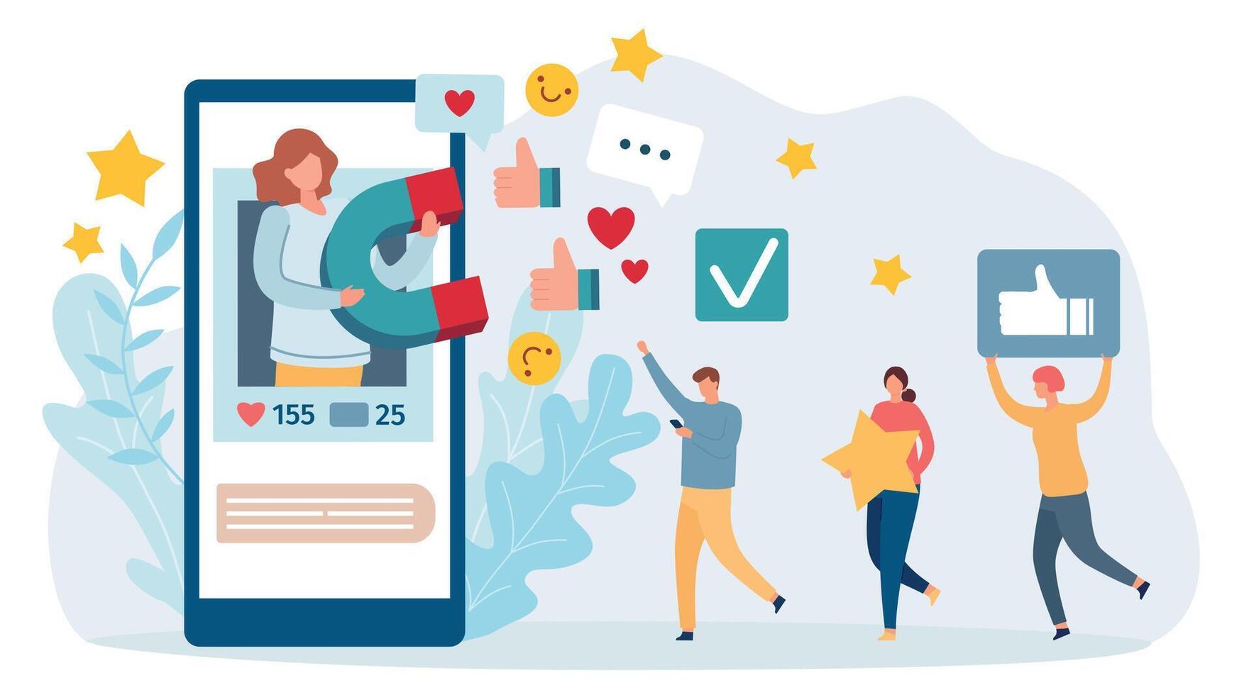 social meios de comunicação marketing. desenho animado mulher segurando magnético atraindo trabalho em rede símbolos Como coração, emoji e polegar acima vetor