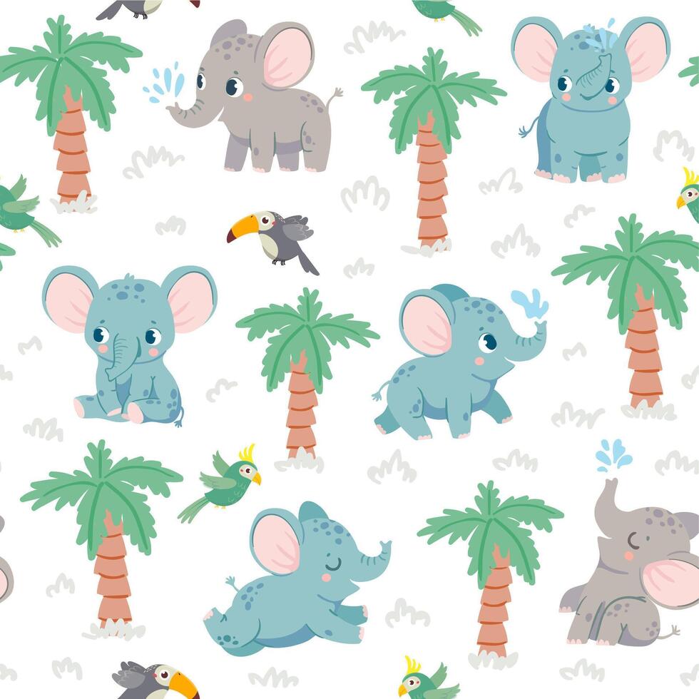 bebê elefantes desatado padronizar. desenho animado elefantes dentro selva com Palma e papagaios. berçário tecido impressão com tropical animal vetor textura