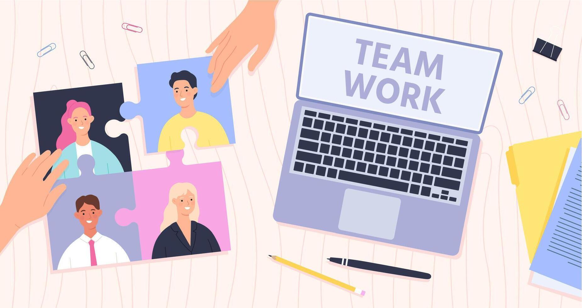 equipe trabalhos gerenciamento. líder conectar empregados para eficaz trabalho em equipe. escritório escrivaninha topo visualizar, mãos e enigma com trabalhadores, vetor conceito