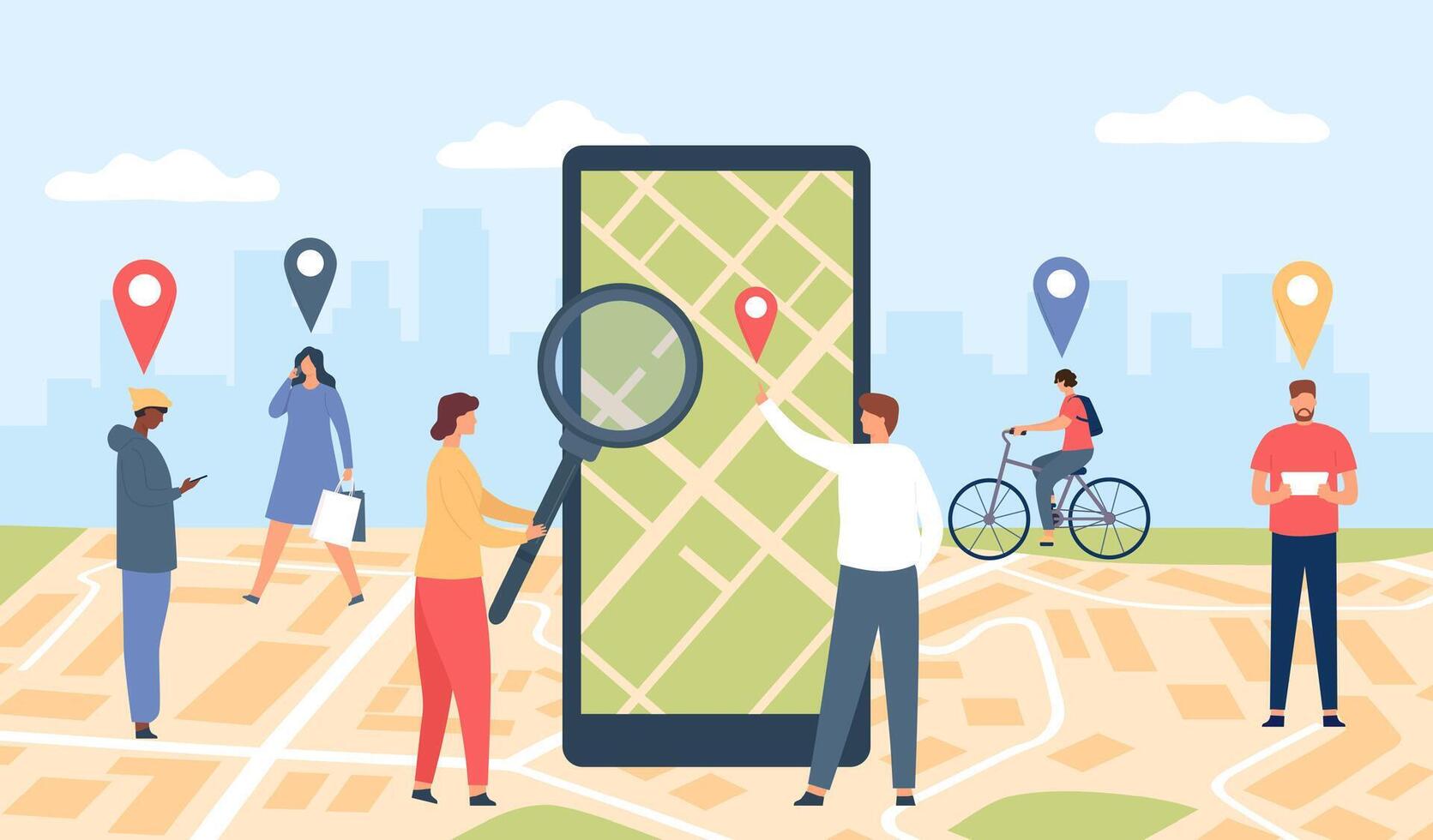 rastreamento conectados aplicativo. Smartphone com GPS aplicativo em tela, cidade localização mapa e caminhando pessoas com alfinetes. geolocalização vetor conceito