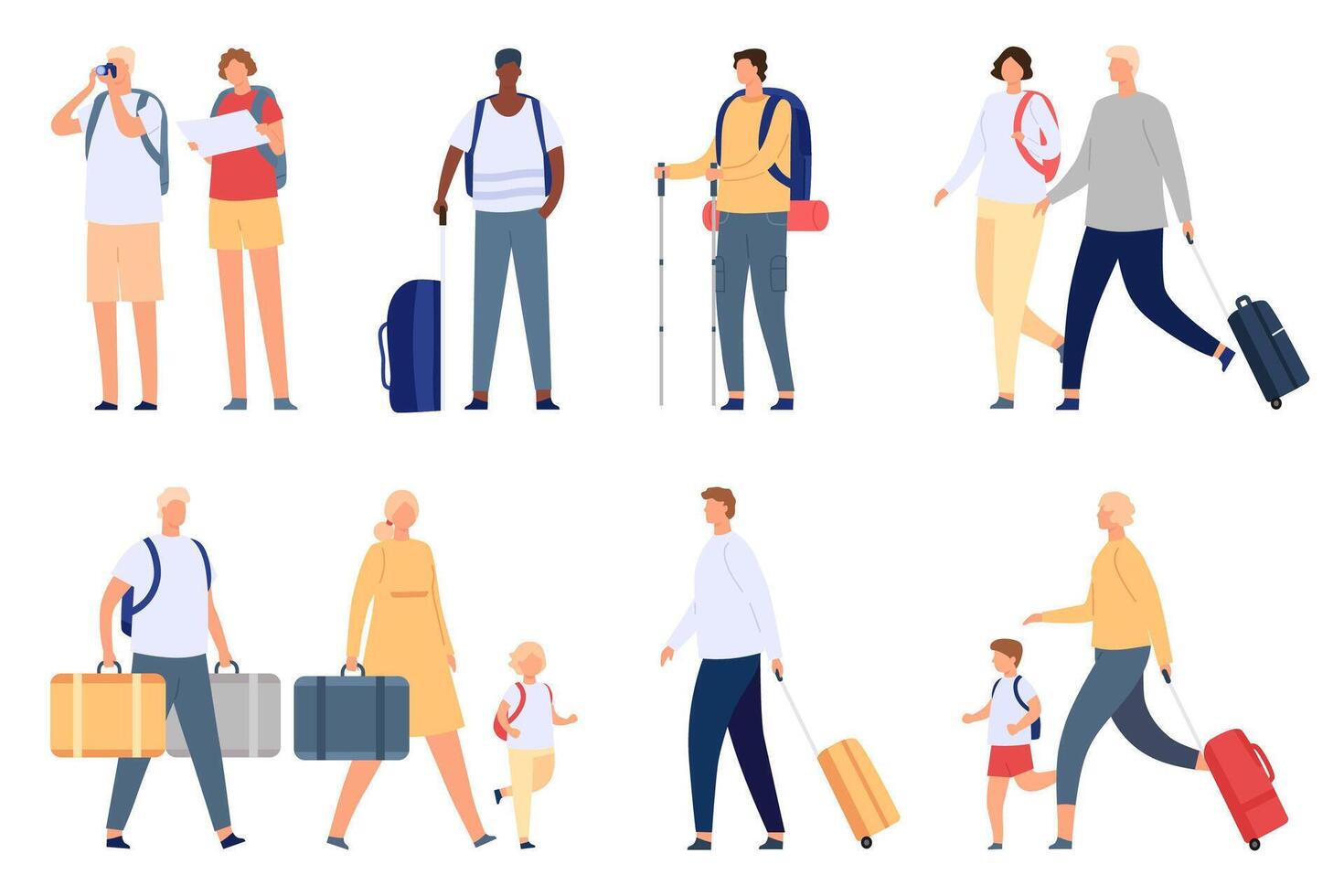 pessoas viagem. turistas casal, famílias e crianças com mala, bolsa, mapa e Câmera. aeroporto passageiro com bagagem em período de férias vetor conjunto