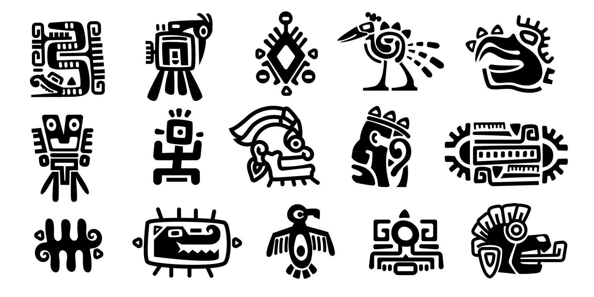 maia símbolos. antigo civilização religioso totem personagens, monocromático ícones do mexicano indiano asteca inca indígena. vetor isolado conjunto