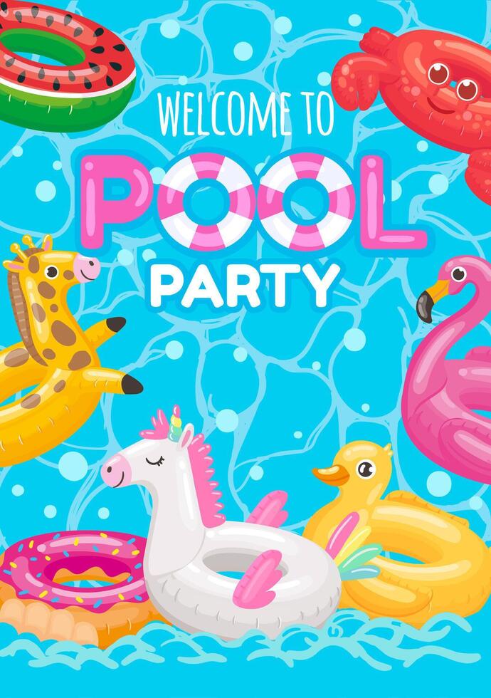 bem-vinda para piscina festa com inflável argolas brinquedos vetor