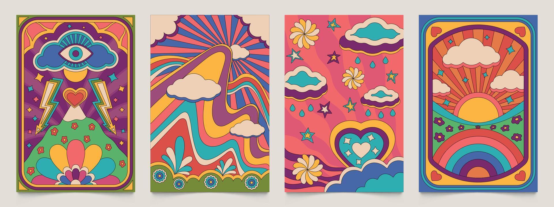 hippie cartazes. psicodélico retro papel de parede com floral camomila flores e plantas, floral decorativo Projeto Década de 1970 estilo. vetor abstrato vintage papel de parede