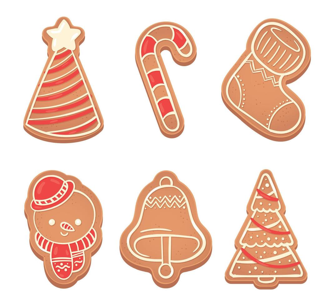 Pão de gengibre Natal biscoitos dentro Formato do árvore Sino e meias vetor