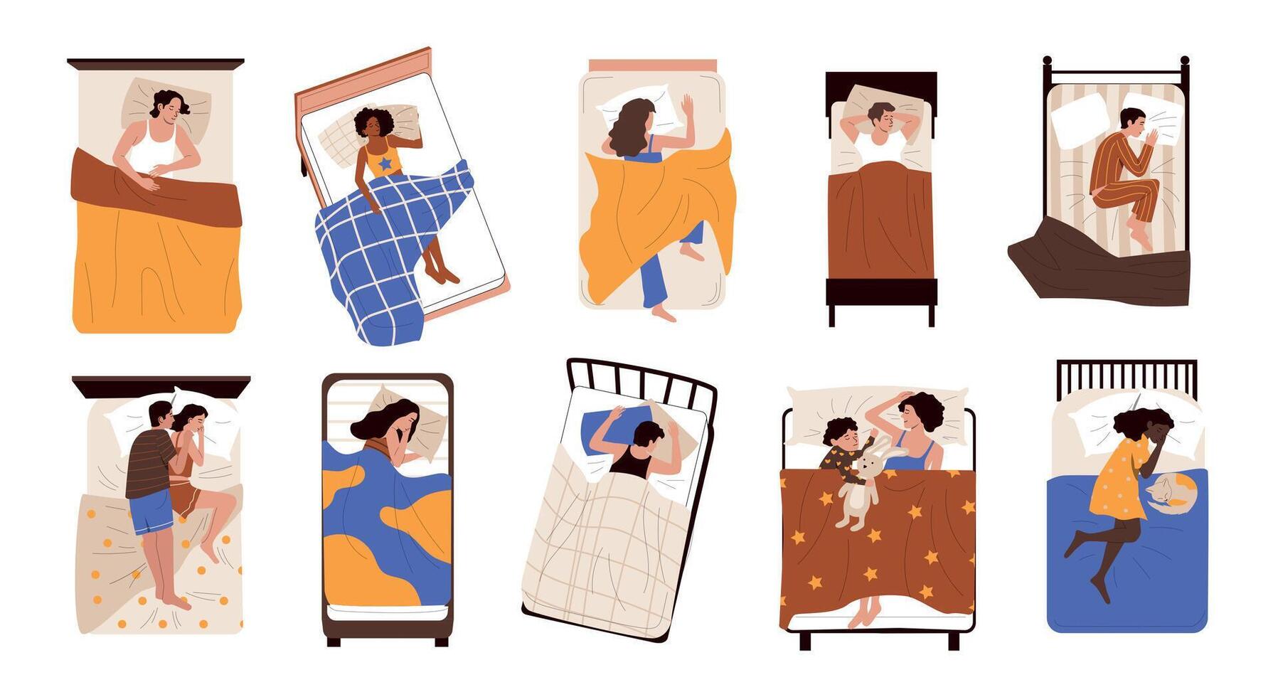 pessoas debaixo cobertor. desenho animado personagens dormindo dentro seus cama dentro diferente poses, jovem adulto e velho pessoas deitado sonhando e em repouso. vetor isolado conjunto