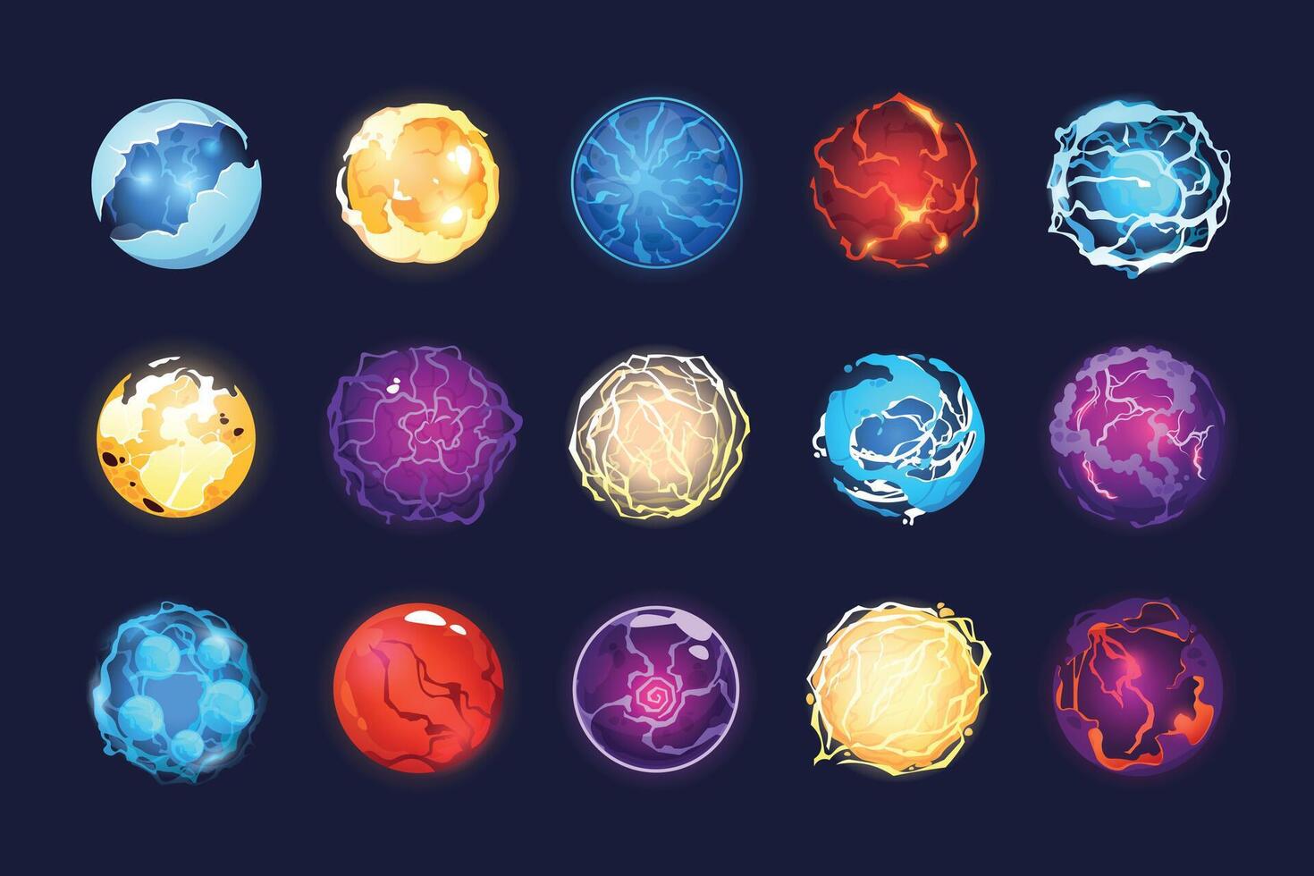 desenho animado energia esferas. Magia fantasia esfera de ativos para 2d jogo, feitiçaria profetizar globo e cristal esfera com brilhante faíscas sprite coleção. vetor conjunto