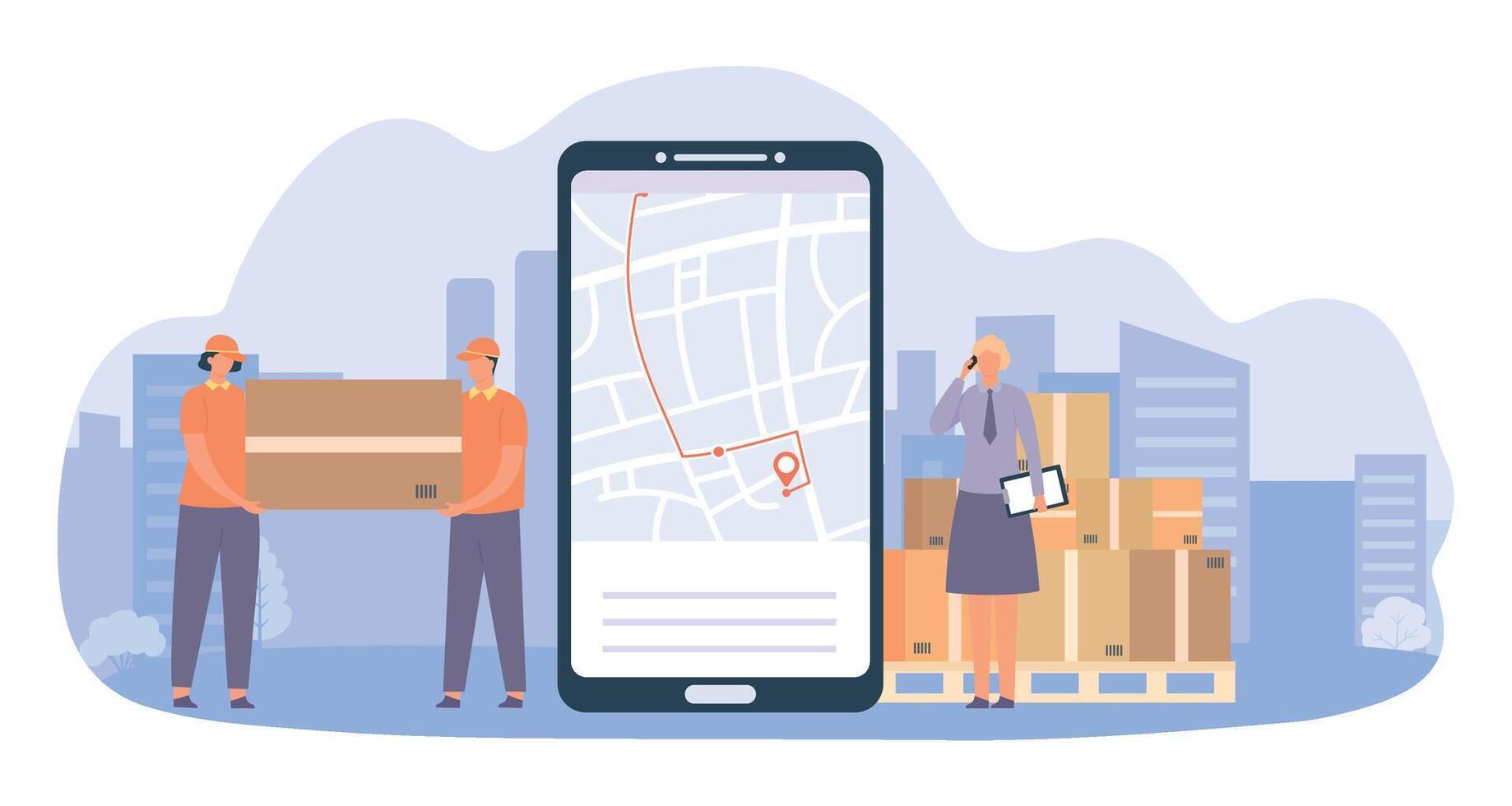 conectados Entrega serviço. Smartphone com GPS navegação, homem bobes carregando grande parcela, Gerente falando em telefone vetor