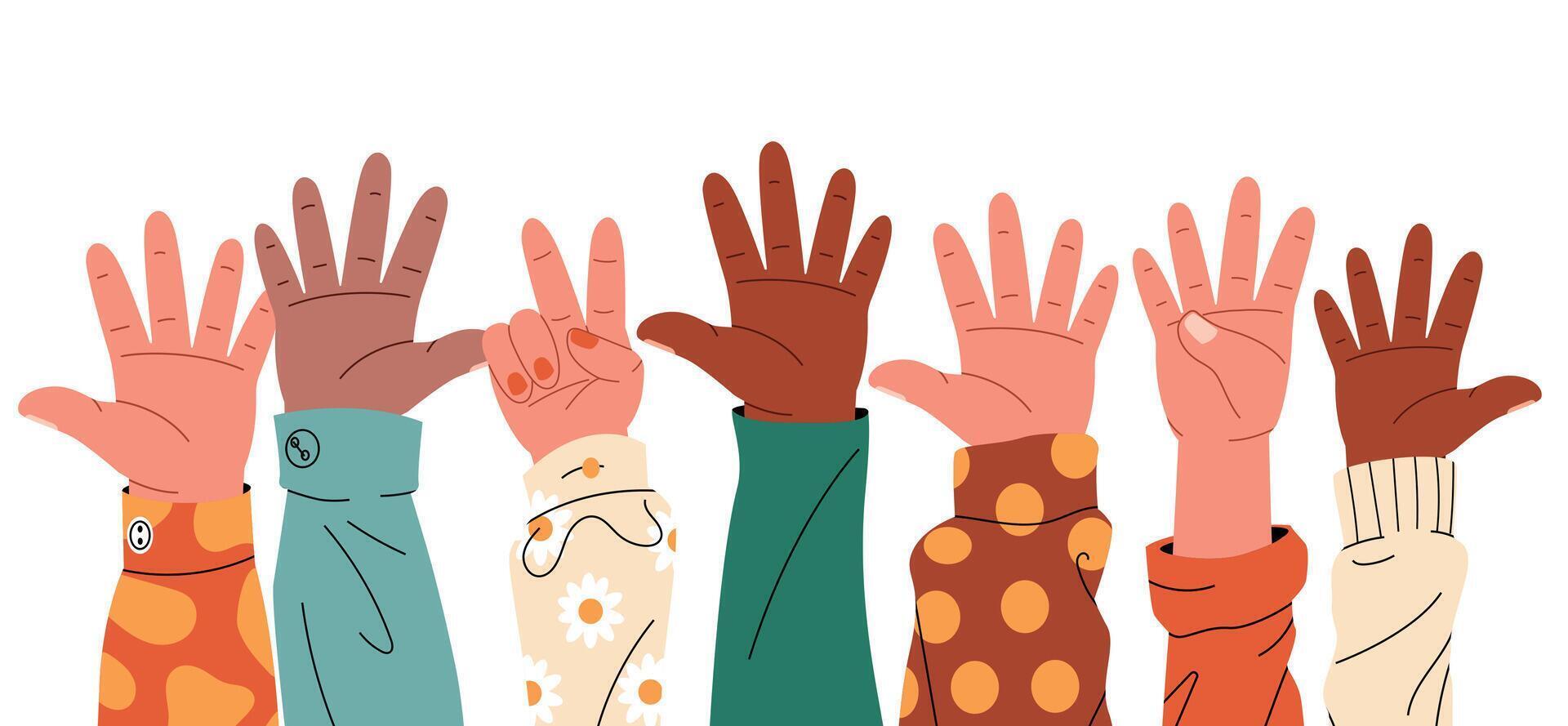 elevado mãos. desenho animado humano Palmeiras com diferente gestos, grupo do diverso pessoas braços Aumentar juntos voluntário comunidade conceito. vetor plano bandeira