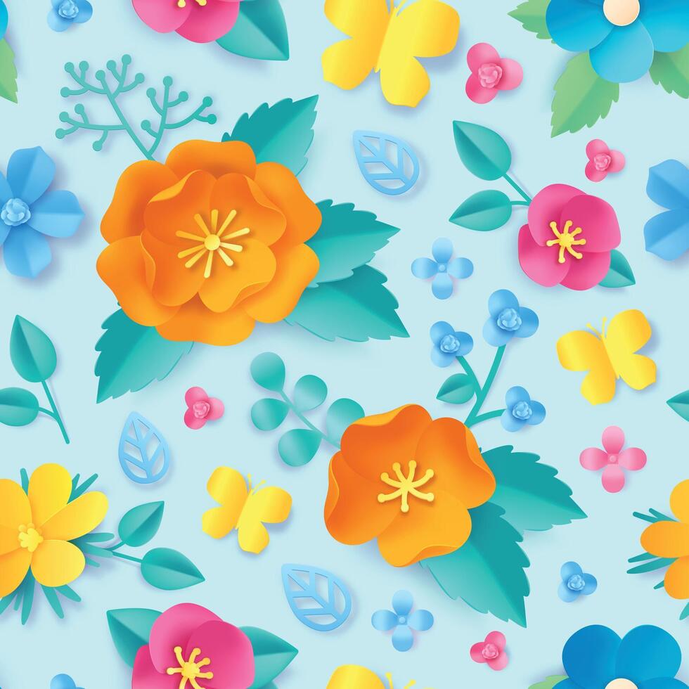 papel cortar flor padronizar. Primavera laranja papoula, flores silvestres, folhas e borboleta. Prado Flor 3d origami. floral vetor desatado papel de parede