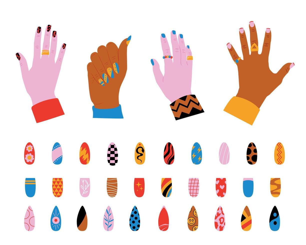 humano unhas definir. moda manicure ícones colorida desenho animado estilo, brilhante unha da mão polonês e spa beleza conceito. vetor isolado conjunto