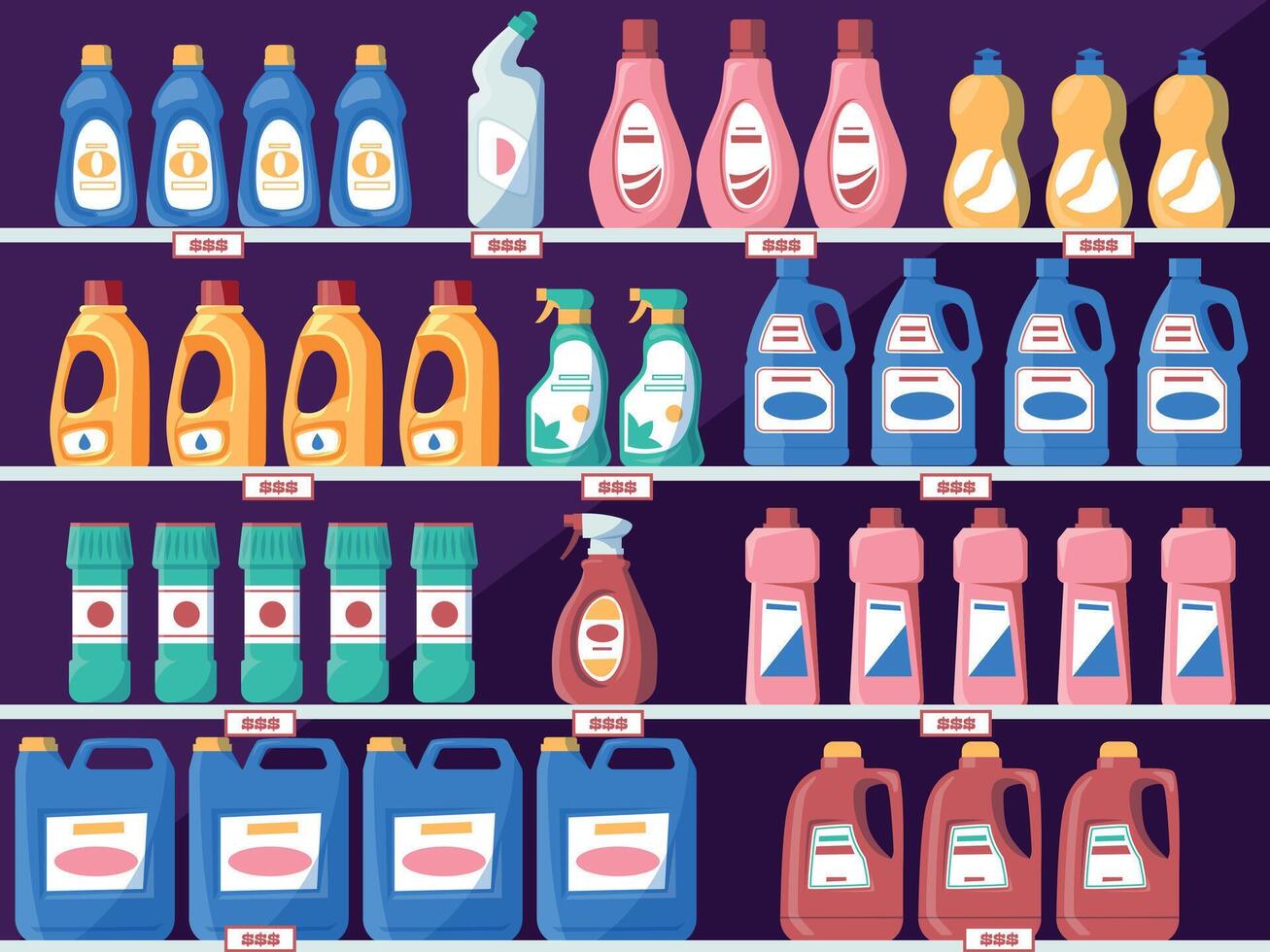 prateleiras com detergente garrafas. mercearia loja prateleiras com líquido Sabonete pó, família limpeza produtos. vetor supermercado conceito
