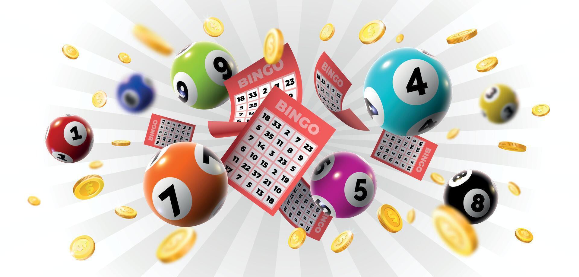 Bingo vencedora fundo com loteria bilhetes, bolas e ouro moedas. realista keno jogos de azar jogos ganhar poster com cartões brocas vetor conceito