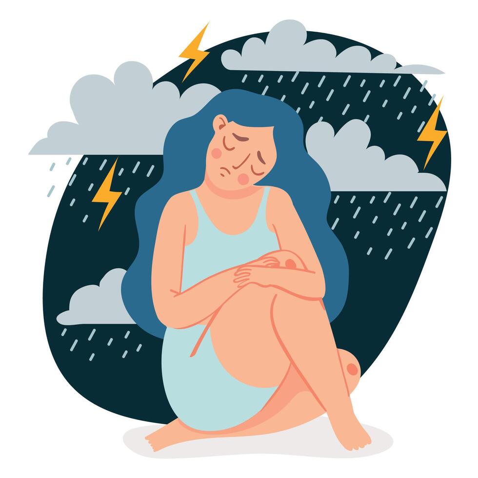 depressivo mulher. triste solitário menina sentado e abraçando dela joelhos debaixo chuva nuvens e tempestade. fêmea dentro depressão ou ansiedade vetor conceito