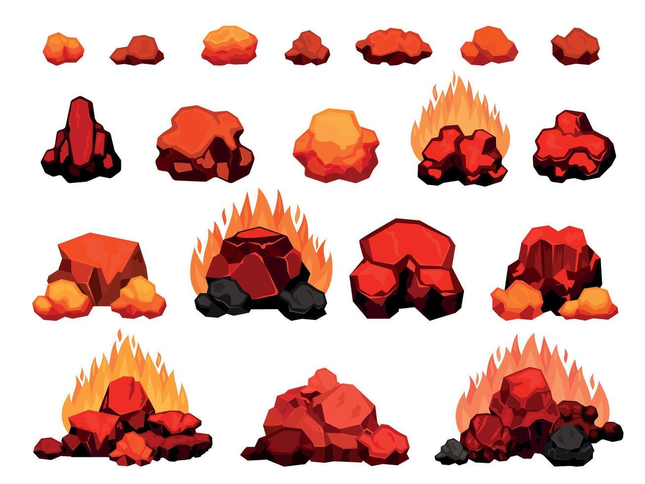 desenho animado queimando fogueira com quente carvão peças para churrasco. madeira carvão pilha com chama para grade ou churrasco. vermelho calor carvão para forno vetor conjunto