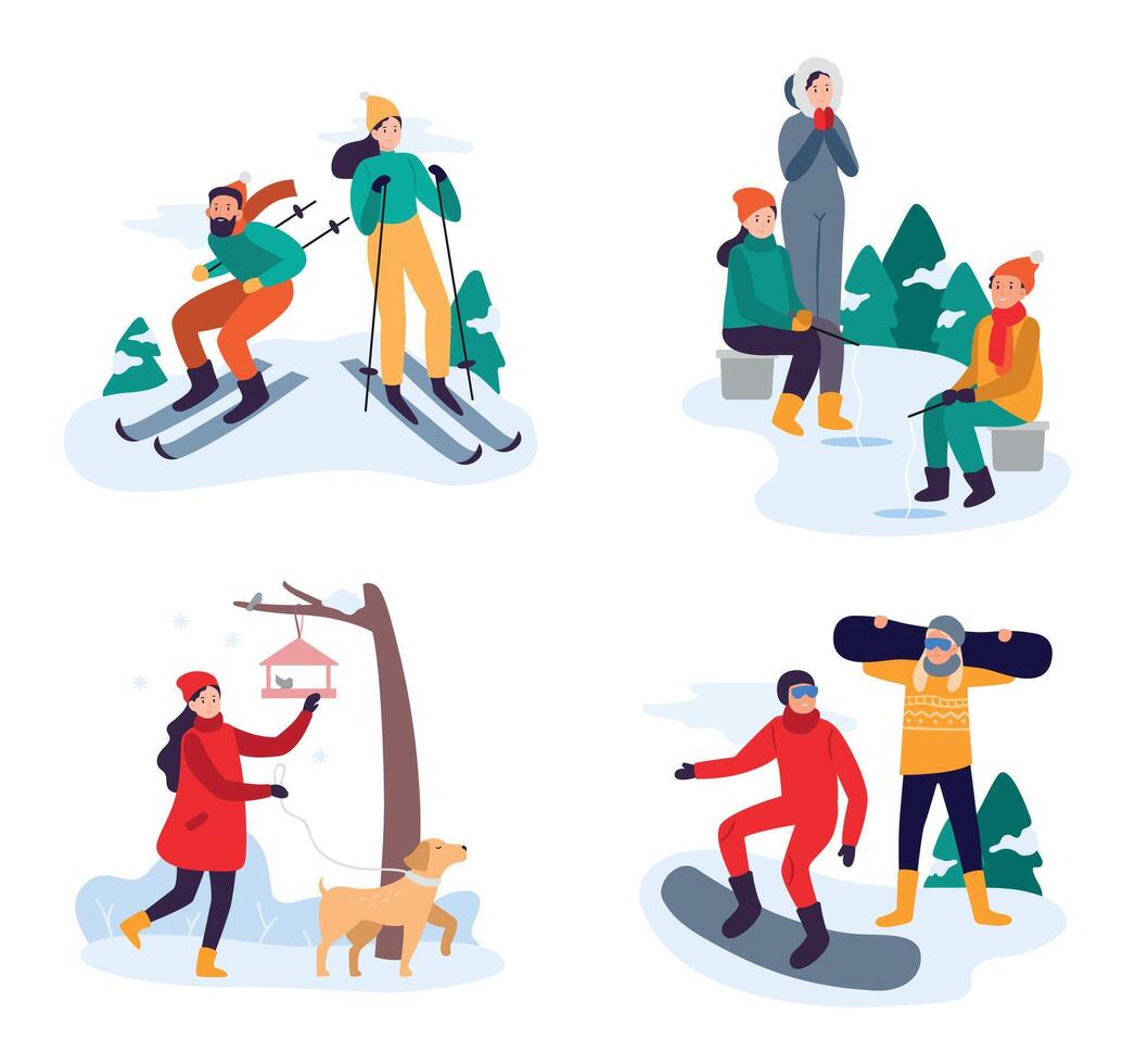 inverno ativo lazer. casal esquiar, snowboard. amigos pescaria em congeladas água. mulher caminhando com cachorro vetor