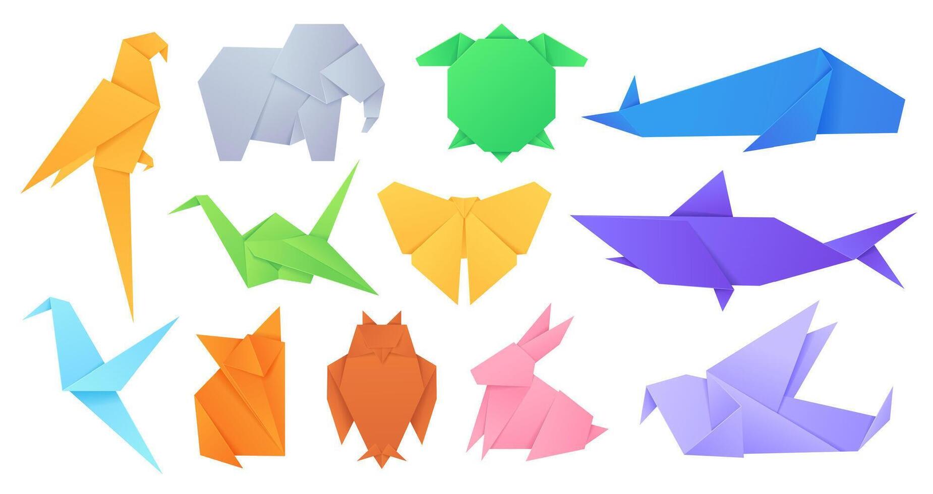 papel animais. japonês origami guardada brinquedos pássaros, Raposa, borboleta, papagaio e lebre. desenho animado geométrico selvagem animal em forma figuras vetor conjunto