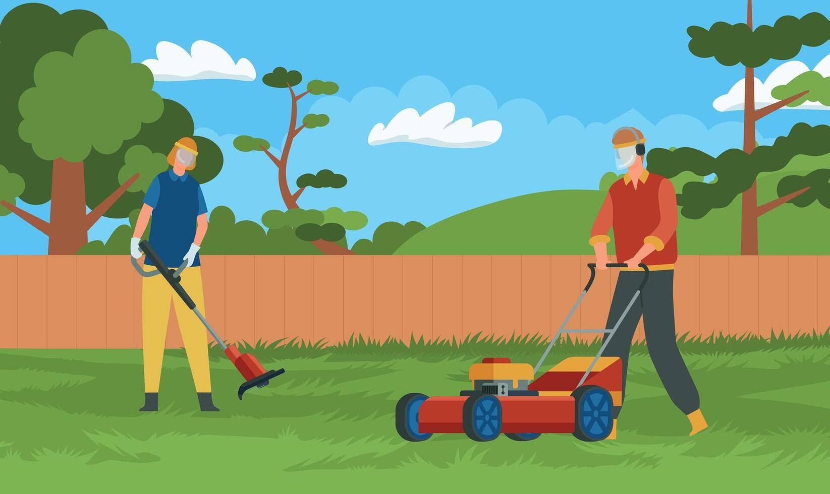 profissional gramado roçada e Cuidado manutenção. faz-tudo com proteção equipamento corte Relva em quintal vetor