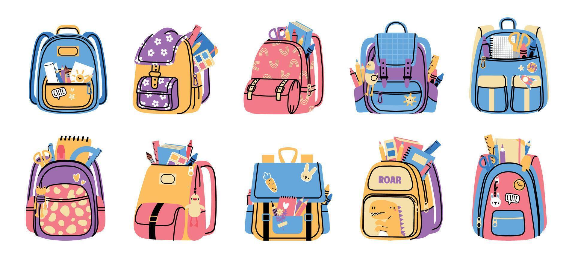 bolsas com escola suprimentos. desenho animado elementar escola acessórios dentro colorida mochilas com bolsos e zíperes. vetor fofa elementar escola Educação equipamento conjunto