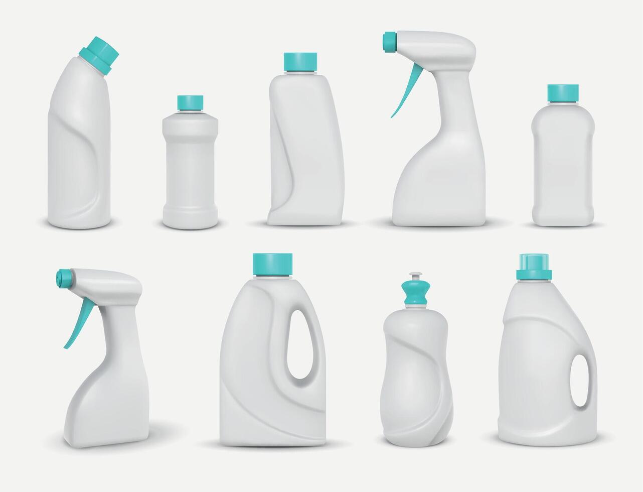 realista limpeza químico produtos, detergente pacote maquetes. casa limpador pó, spray e prato lavar dentro branco plástico garrafa vetor conjunto